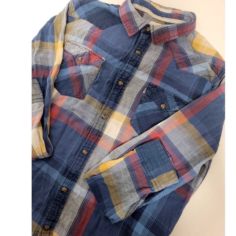 Levis Mens Western Plaid Flannel Shirt Blue Red Yellow L Long Sleeve Button Down
